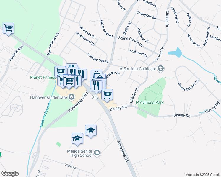 map of restaurants, bars, coffee shops, grocery stores, and more near 1919 Christiana Court in Severn
