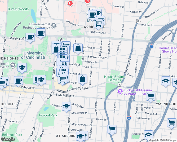 map of restaurants, bars, coffee shops, grocery stores, and more near 2714 Eden Avenue in Cincinnati