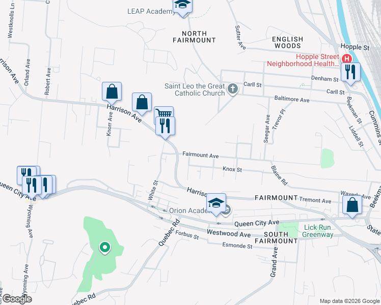 map of restaurants, bars, coffee shops, grocery stores, and more near 1942 Fairmount Avenue in Cincinnati