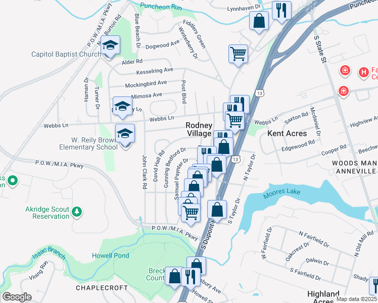 map of restaurants, bars, coffee shops, grocery stores, and more near 236 Gunning Bedford Drive in Dover
