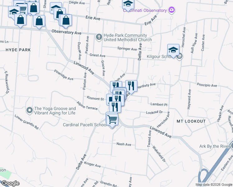 map of restaurants, bars, coffee shops, grocery stores, and more near 3151 Linwood Avenue in Cincinnati