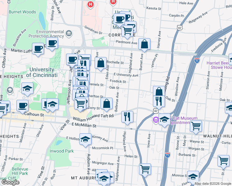 map of restaurants, bars, coffee shops, grocery stores, and more near 2658 Bellevue Avenue in Cincinnati