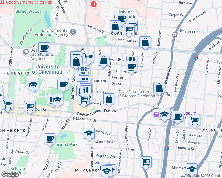 map of restaurants, bars, coffee shops, grocery stores, and more near 2714 Eden Avenue in Cincinnati