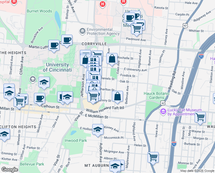 map of restaurants, bars, coffee shops, grocery stores, and more near 114 East Charlton Street in Cincinnati