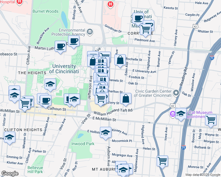 map of restaurants, bars, coffee shops, grocery stores, and more near 2701 Euclid Avenue in Cincinnati