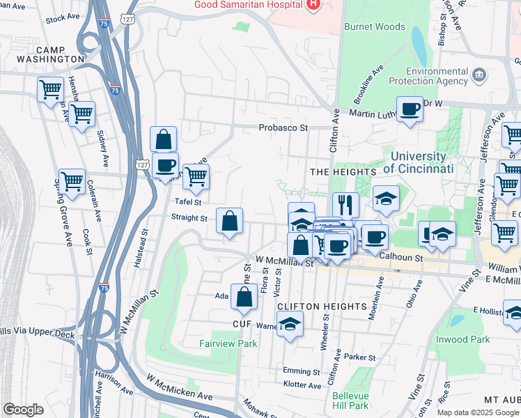 map of restaurants, bars, coffee shops, grocery stores, and more near 522 Fortune Avenue in Cincinnati
