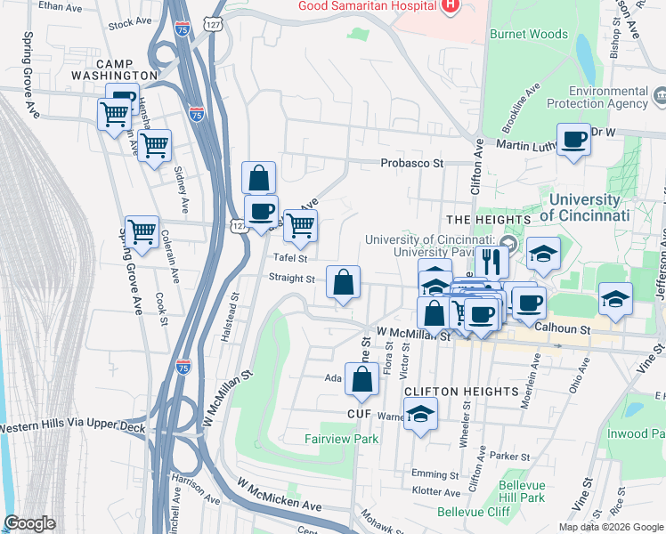 map of restaurants, bars, coffee shops, grocery stores, and more near 2710 Wagner Street in Cincinnati