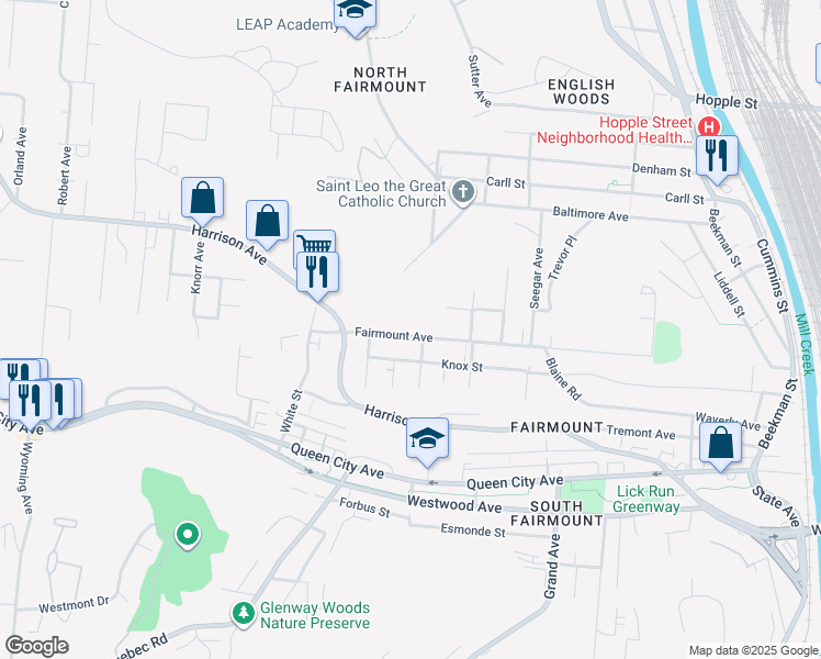 map of restaurants, bars, coffee shops, grocery stores, and more near 1920 Fairmount Avenue in Cincinnati