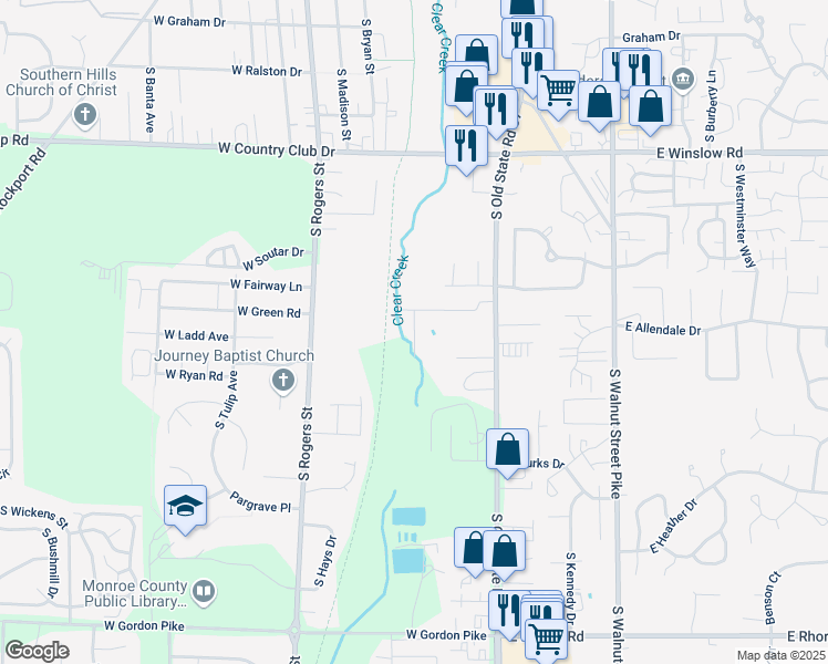 map of restaurants, bars, coffee shops, grocery stores, and more near 2940 South Pinewood Lane in Bloomington