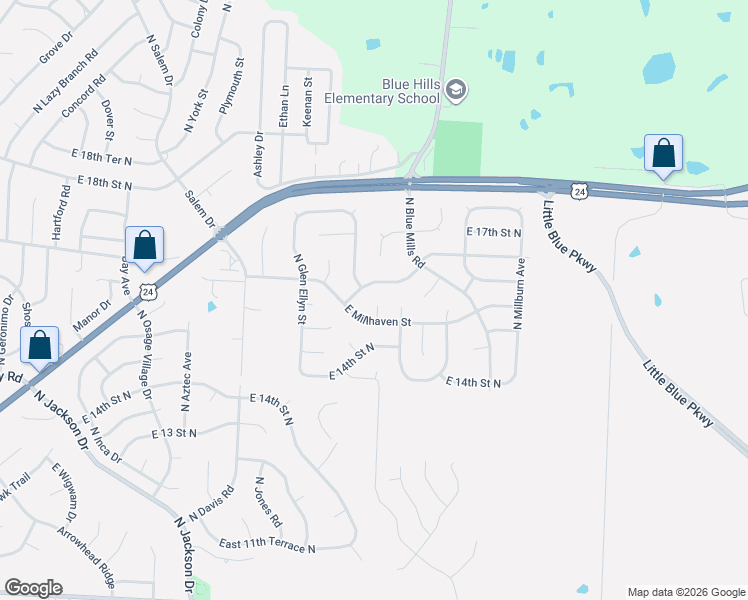 map of restaurants, bars, coffee shops, grocery stores, and more near 1504N North Millhaven Court in Independence