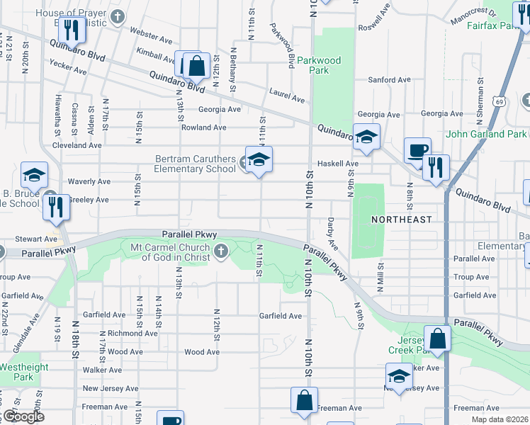 map of restaurants, bars, coffee shops, grocery stores, and more near 2101 North 11th Street in Kansas City
