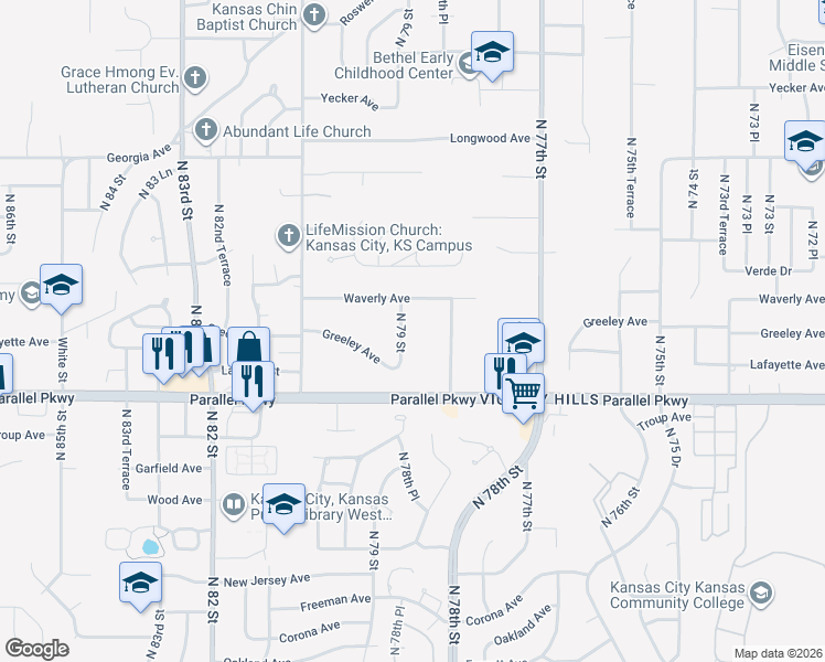 map of restaurants, bars, coffee shops, grocery stores, and more near 2127 North 79 Street in Kansas City