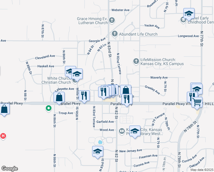 map of restaurants, bars, coffee shops, grocery stores, and more near 2129 North 83rd Place in Kansas City