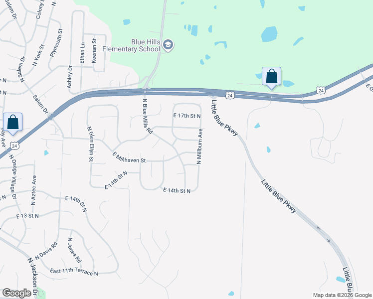 map of restaurants, bars, coffee shops, grocery stores, and more near 20400 East Millhaven Street in Independence