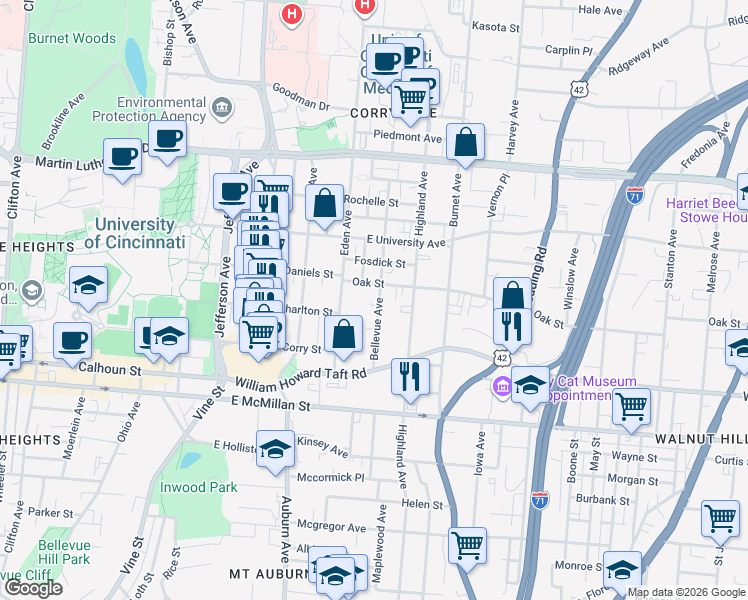 map of restaurants, bars, coffee shops, grocery stores, and more near 2658 Bellevue Avenue in Cincinnati