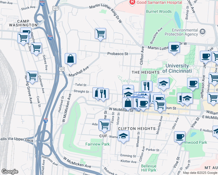 map of restaurants, bars, coffee shops, grocery stores, and more near 522 Fortune Avenue in Cincinnati