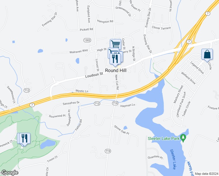 map of restaurants, bars, coffee shops, grocery stores, and more near 7 McCauley Lane in Round Hill