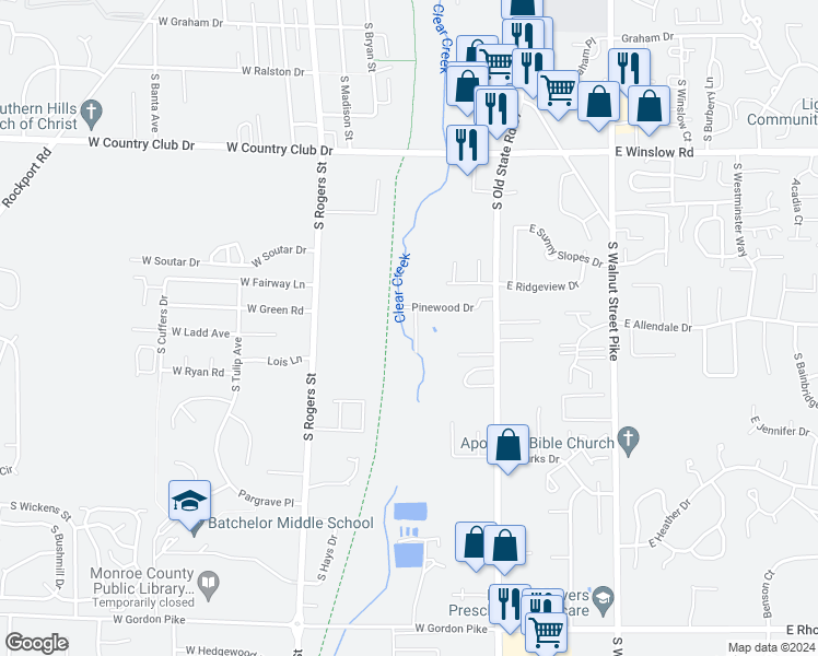 map of restaurants, bars, coffee shops, grocery stores, and more near 2940 South Pinewood Lane in Bloomington