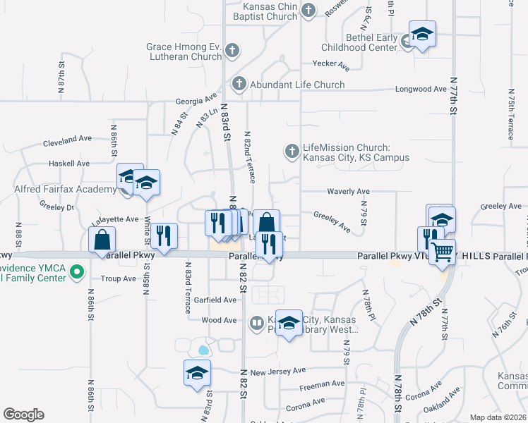 map of restaurants, bars, coffee shops, grocery stores, and more near 8146 Greeley Avenue in Kansas City