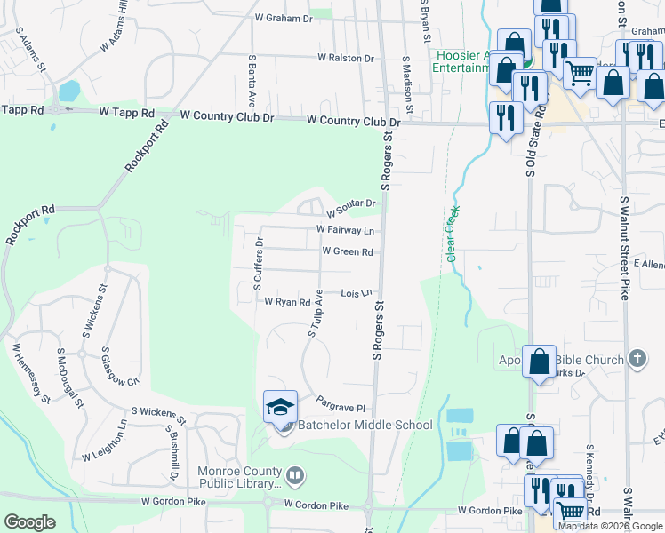 map of restaurants, bars, coffee shops, grocery stores, and more near 580 West Ladd Avenue in Bloomington