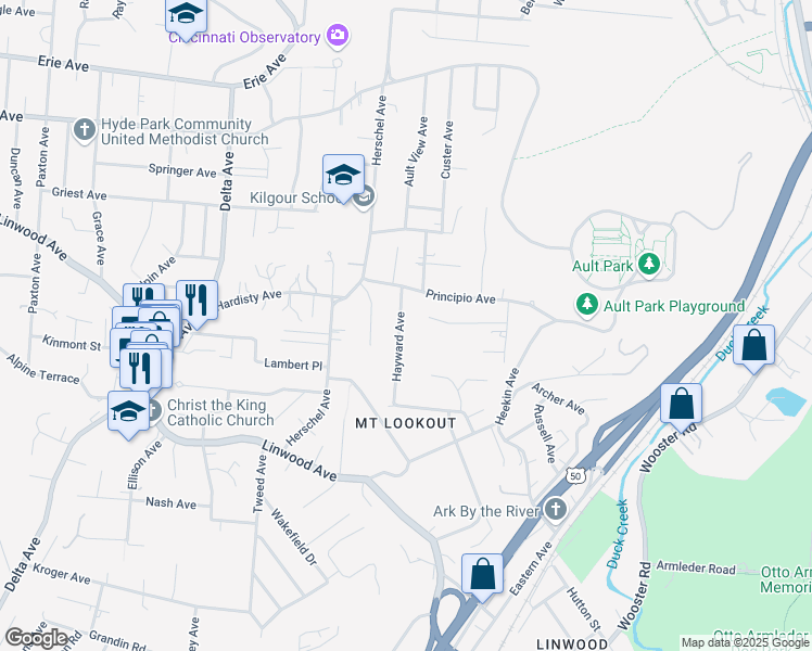 map of restaurants, bars, coffee shops, grocery stores, and more near 1258 Hayward Avenue in Cincinnati