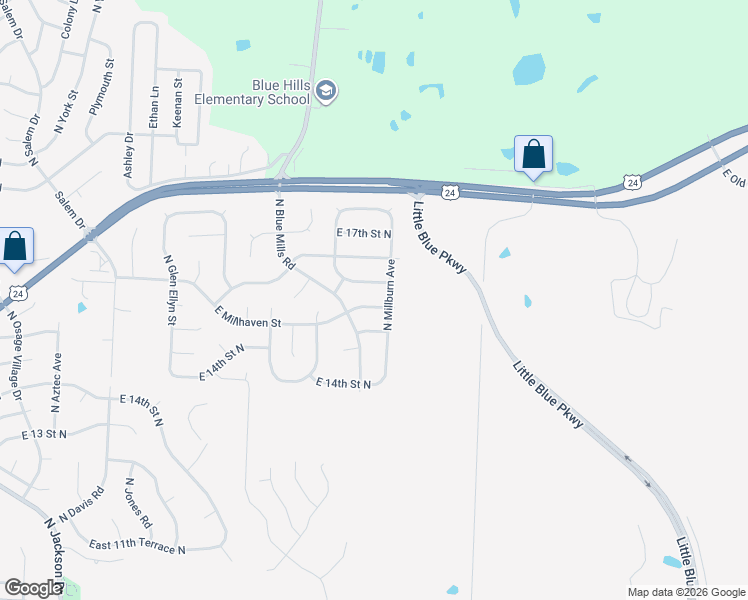 map of restaurants, bars, coffee shops, grocery stores, and more near 20400 East Millhaven Street in Independence