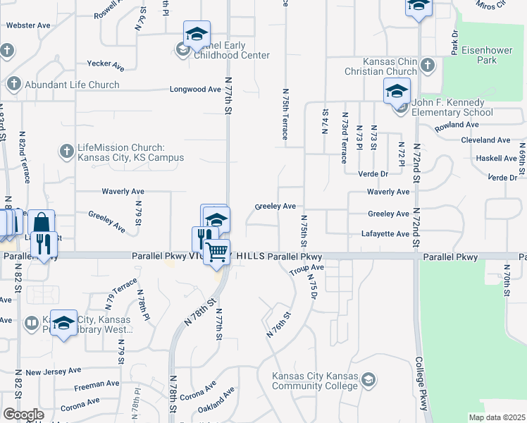 map of restaurants, bars, coffee shops, grocery stores, and more near 7555 Greeley Ave in Kansas City
