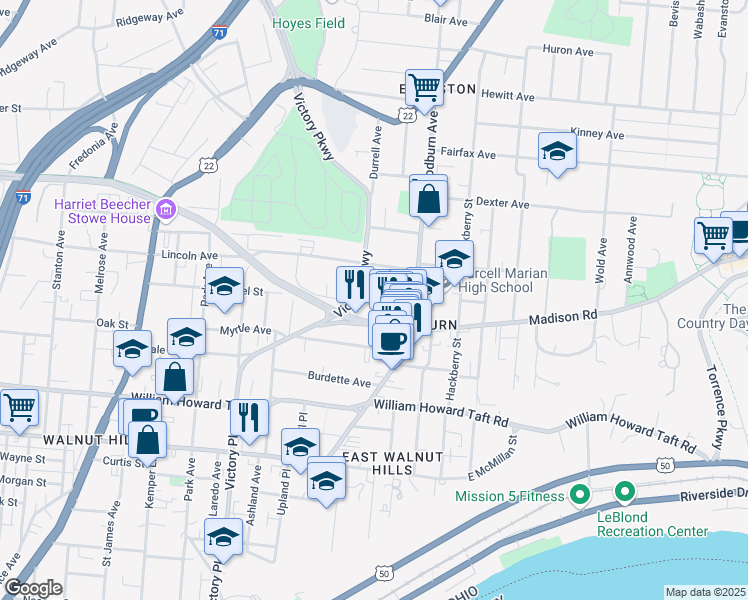 map of restaurants, bars, coffee shops, grocery stores, and more near 1510 Chapel Street in Cincinnati