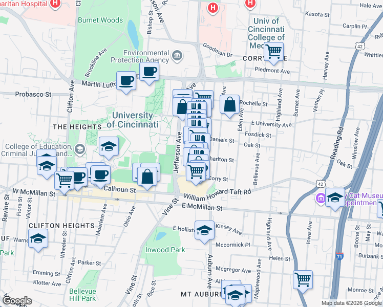 map of restaurants, bars, coffee shops, grocery stores, and more near 10 West Charlton Street in Cincinnati