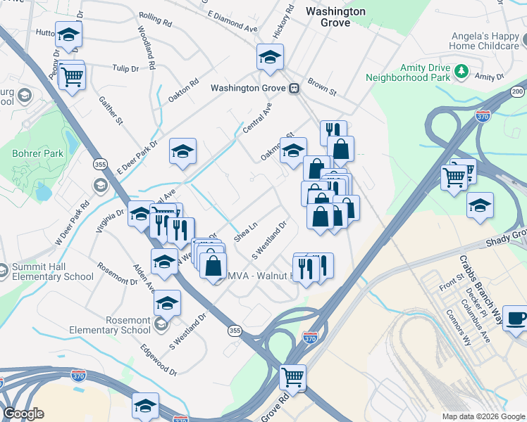 map of restaurants, bars, coffee shops, grocery stores, and more near 16720 Shea Lane in Gaithersburg