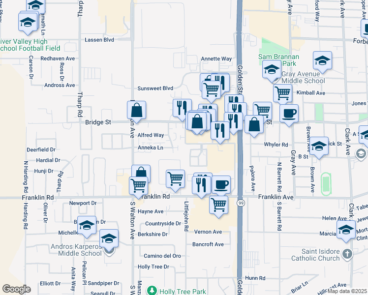 map of restaurants, bars, coffee shops, grocery stores, and more near 1460 Whyler Road in Yuba City
