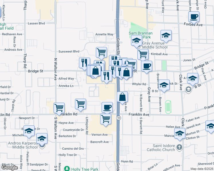 map of restaurants, bars, coffee shops, grocery stores, and more near 1400 Whyler Road in Yuba City