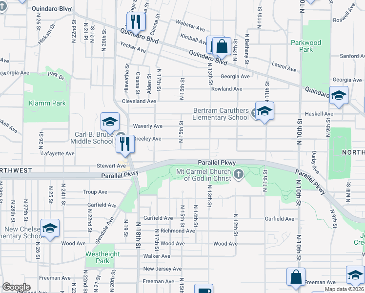 map of restaurants, bars, coffee shops, grocery stores, and more near 1348 Lafayette Avenue in Kansas City