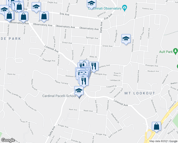 map of restaurants, bars, coffee shops, grocery stores, and more near 1021 Delta Avenue in Cincinnati