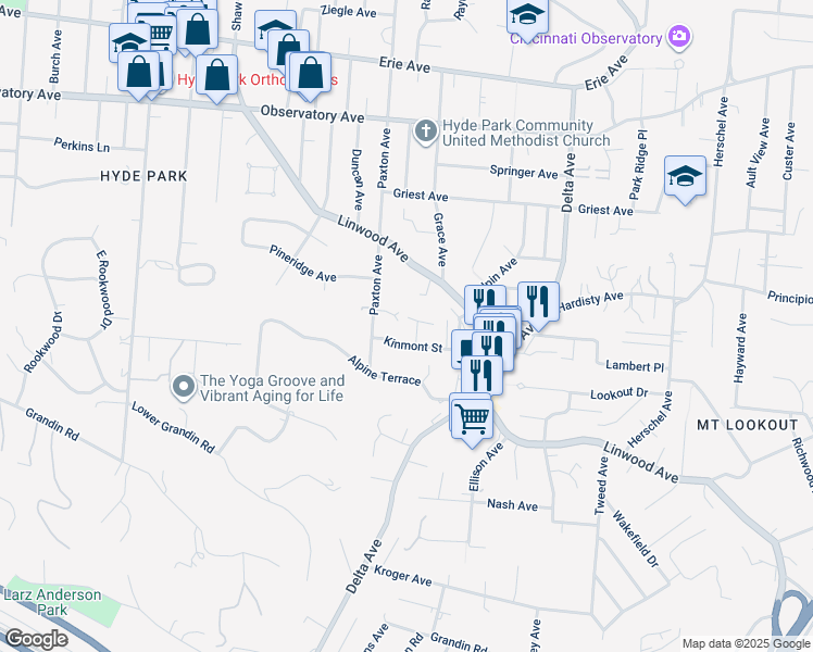 map of restaurants, bars, coffee shops, grocery stores, and more near 3033 Linview Avenue in Cincinnati