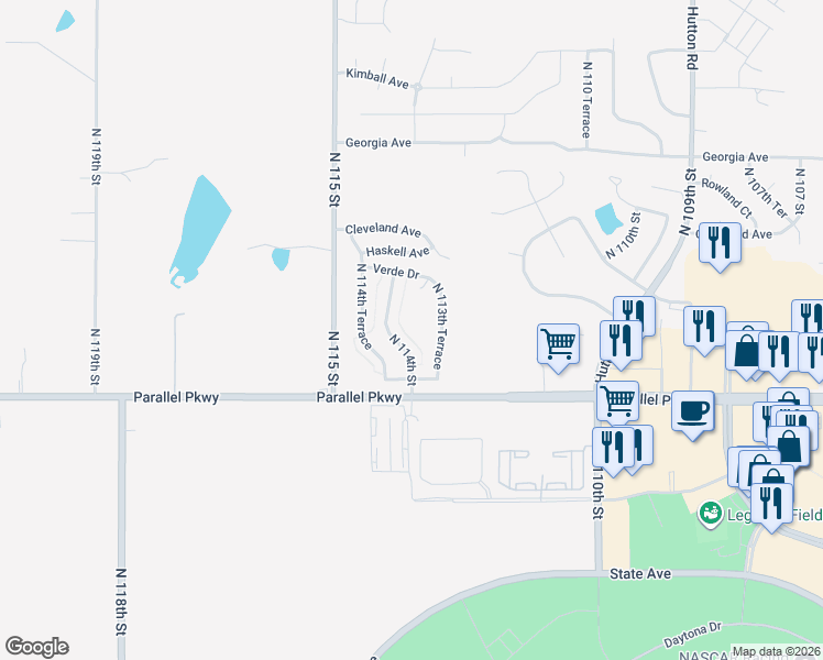 map of restaurants, bars, coffee shops, grocery stores, and more near 11324 Lafayette Avenue in Kansas City