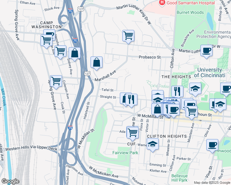 map of restaurants, bars, coffee shops, grocery stores, and more near 607 Tafel Street in Cincinnati