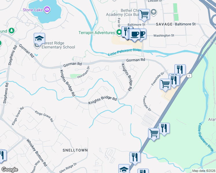 map of restaurants, bars, coffee shops, grocery stores, and more near 9413 Steeple Court in Laurel