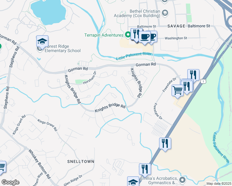 map of restaurants, bars, coffee shops, grocery stores, and more near 9413 Steeple Court in Laurel
