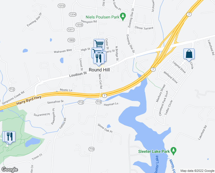 map of restaurants, bars, coffee shops, grocery stores, and more near 39 New Cut Road in Round Hill
