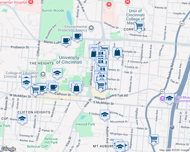 map of restaurants, bars, coffee shops, grocery stores, and more near 2704 Jefferson Avenue in Cincinnati