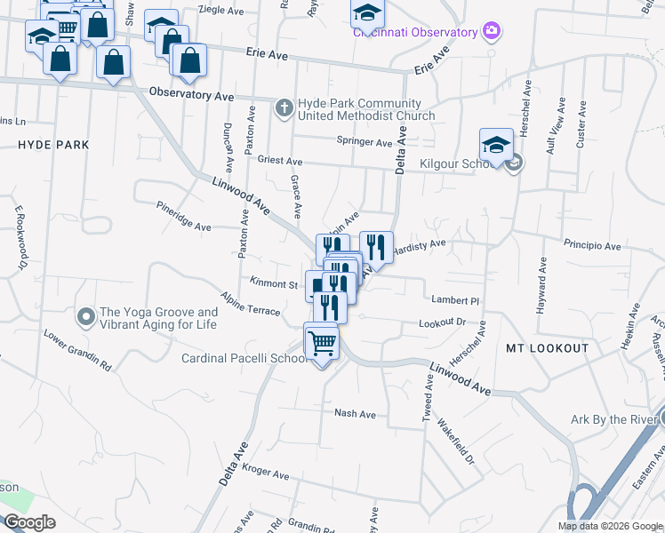 map of restaurants, bars, coffee shops, grocery stores, and more near 3151 Linwood Avenue in Cincinnati