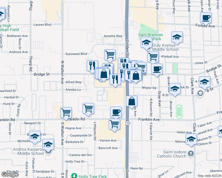 map of restaurants, bars, coffee shops, grocery stores, and more near 1400 Whyler Road in Yuba City