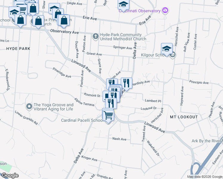map of restaurants, bars, coffee shops, grocery stores, and more near 3151 Linwood Avenue in Cincinnati