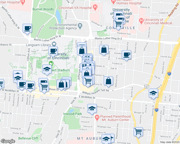 map of restaurants, bars, coffee shops, grocery stores, and more near 21 West Charlton Street in Cincinnati