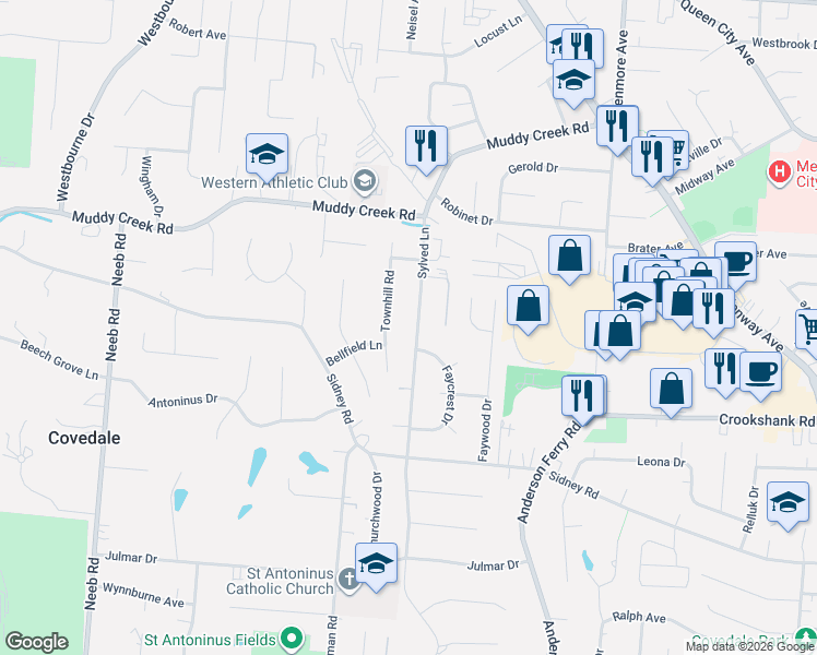 map of restaurants, bars, coffee shops, grocery stores, and more near 2140 Townhill Road in Cincinnati