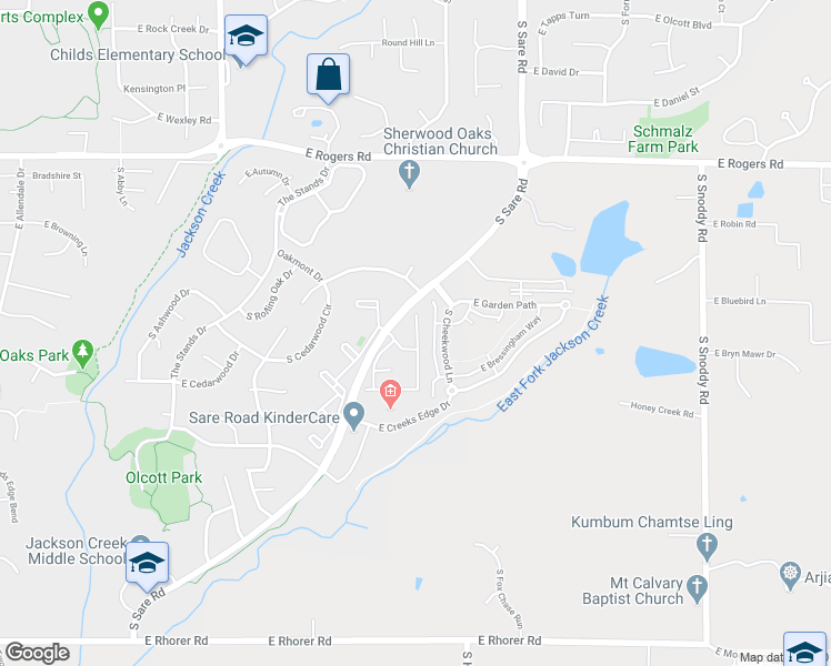 map of restaurants, bars, coffee shops, grocery stores, and more near 3381 South Oaklawn Circle in Bloomington