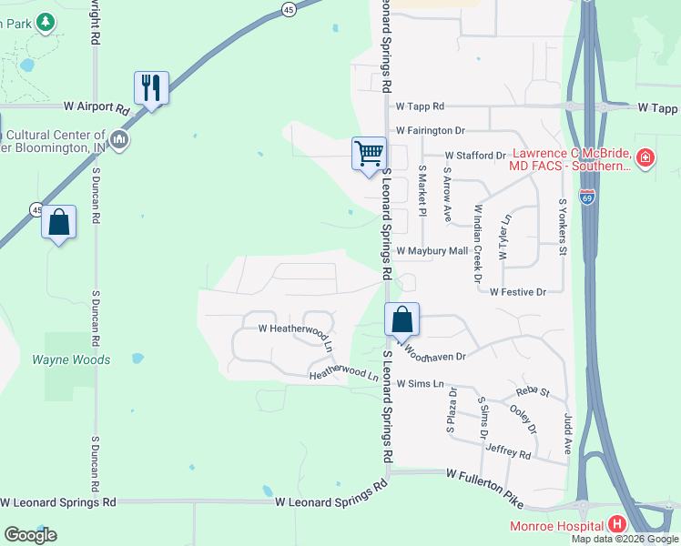map of restaurants, bars, coffee shops, grocery stores, and more near 4104 Red Rock Road in Bloomington