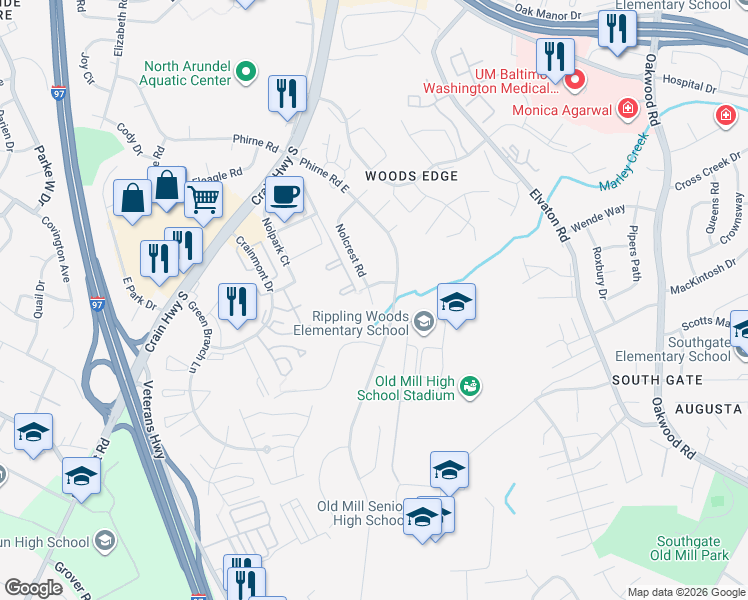 map of restaurants, bars, coffee shops, grocery stores, and more near 8000 Nolcrest Road in Glen Burnie