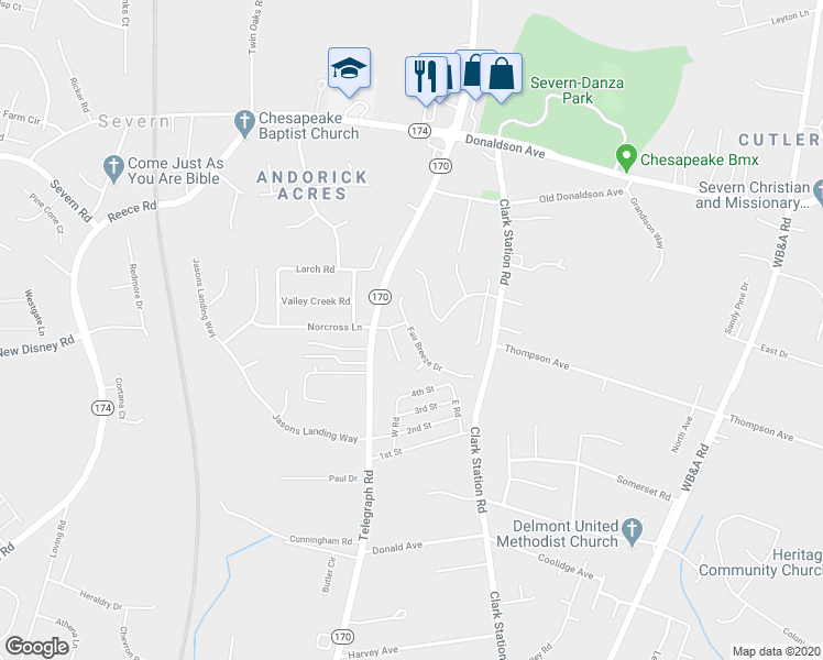 map of restaurants, bars, coffee shops, grocery stores, and more near 8025 Fair Breeze Drive in Severn